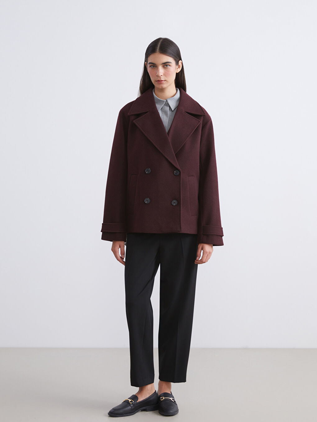 Mürdüm Kruvaze Yaka Kadın Kaşe Kaban-1