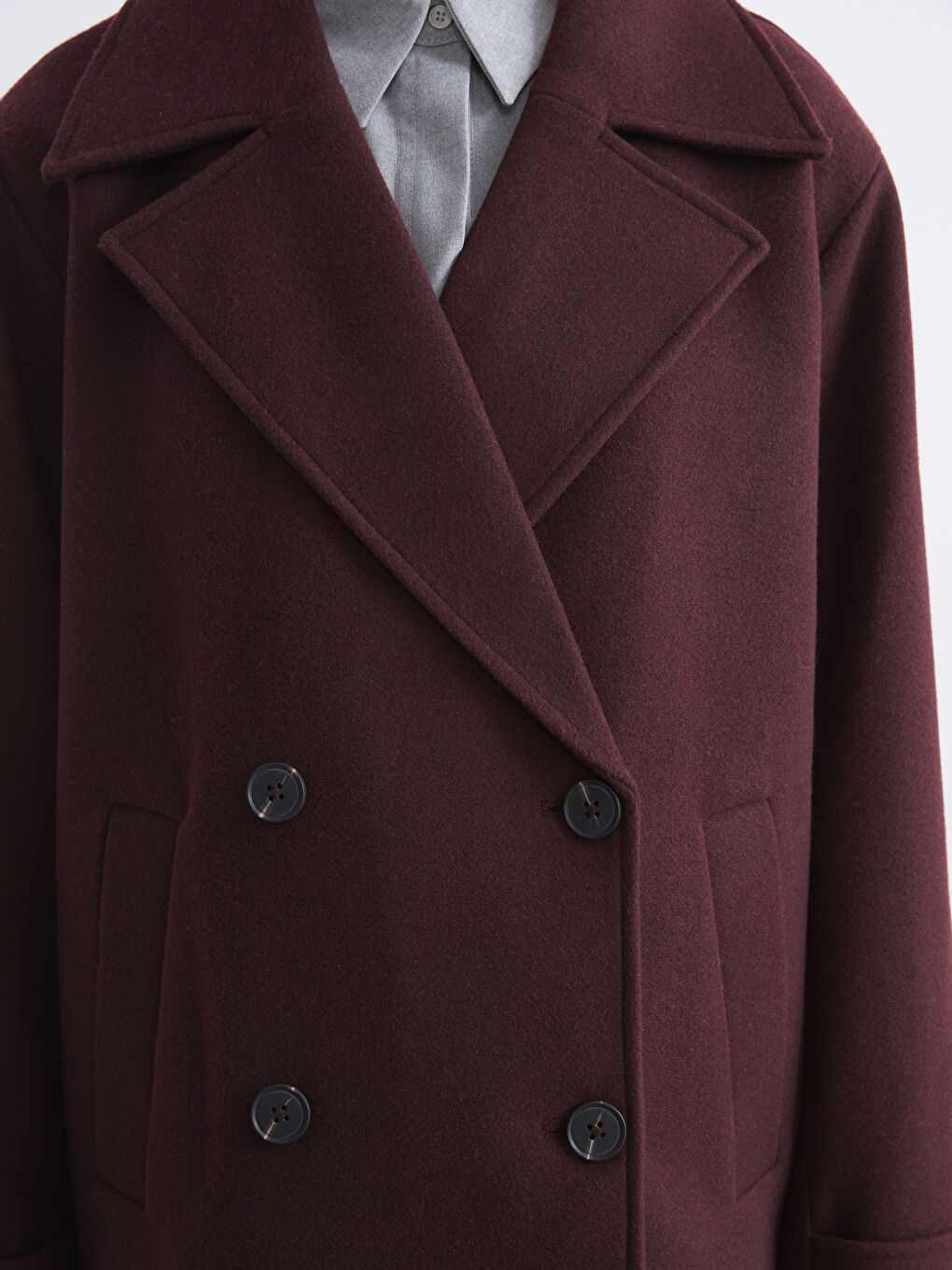 Mürdüm Kruvaze Yaka Kadın Kaşe Kaban-2