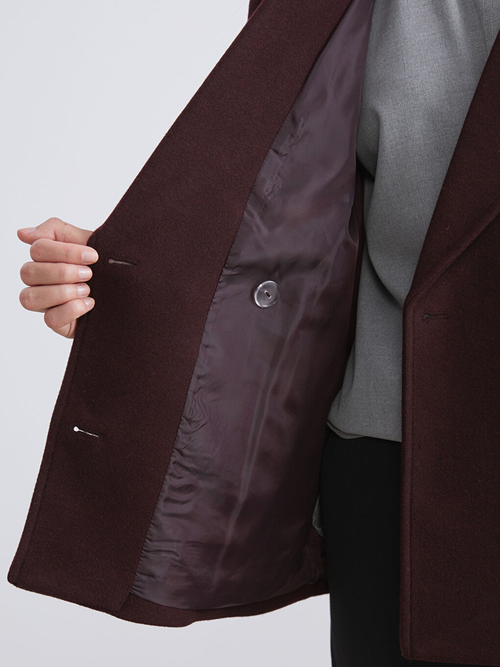 Mürdüm Kruvaze Yaka Kadın Kaşe Kaban-3