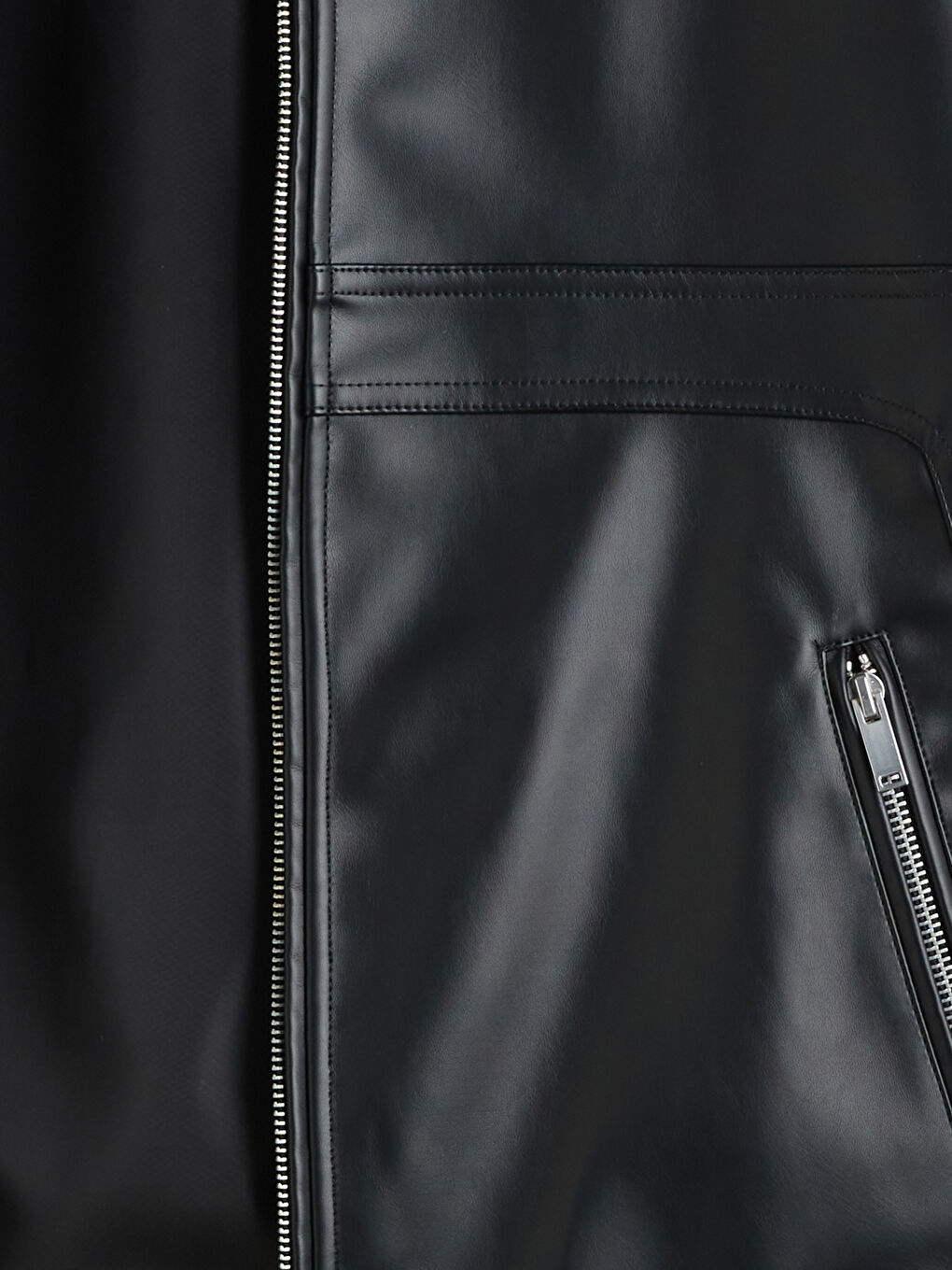 Siyah Standart Kalıp Dik Yaka Erkek Deri Görünümlü Ceket-6