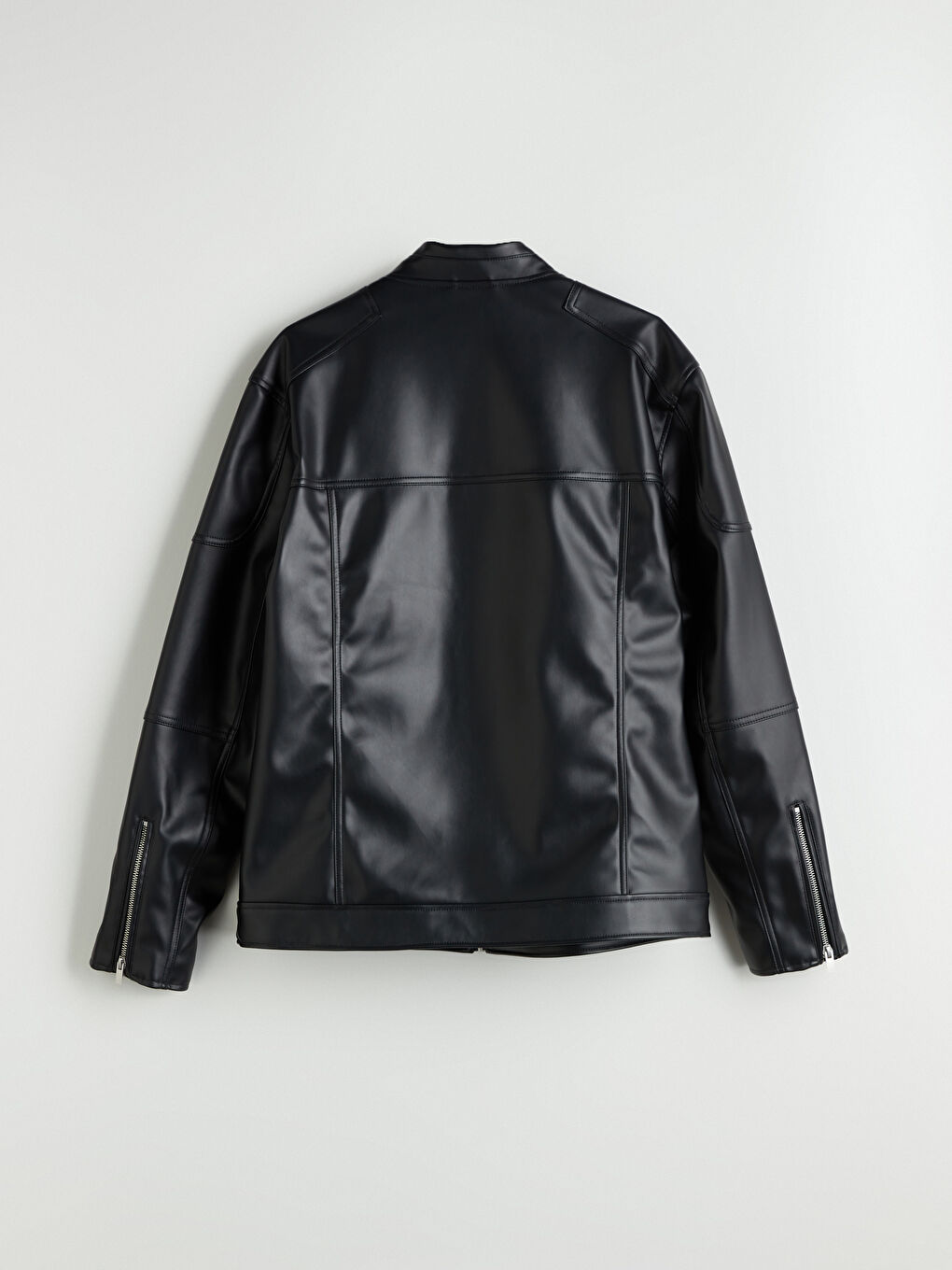 Siyah Standart Kalıp Dik Yaka Erkek Deri Görünümlü Ceket-7