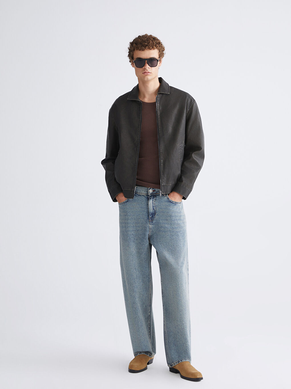 Siyah Rahat Kalıp Gömlek Yaka Erkek Deri Görünümlü Ceket-1