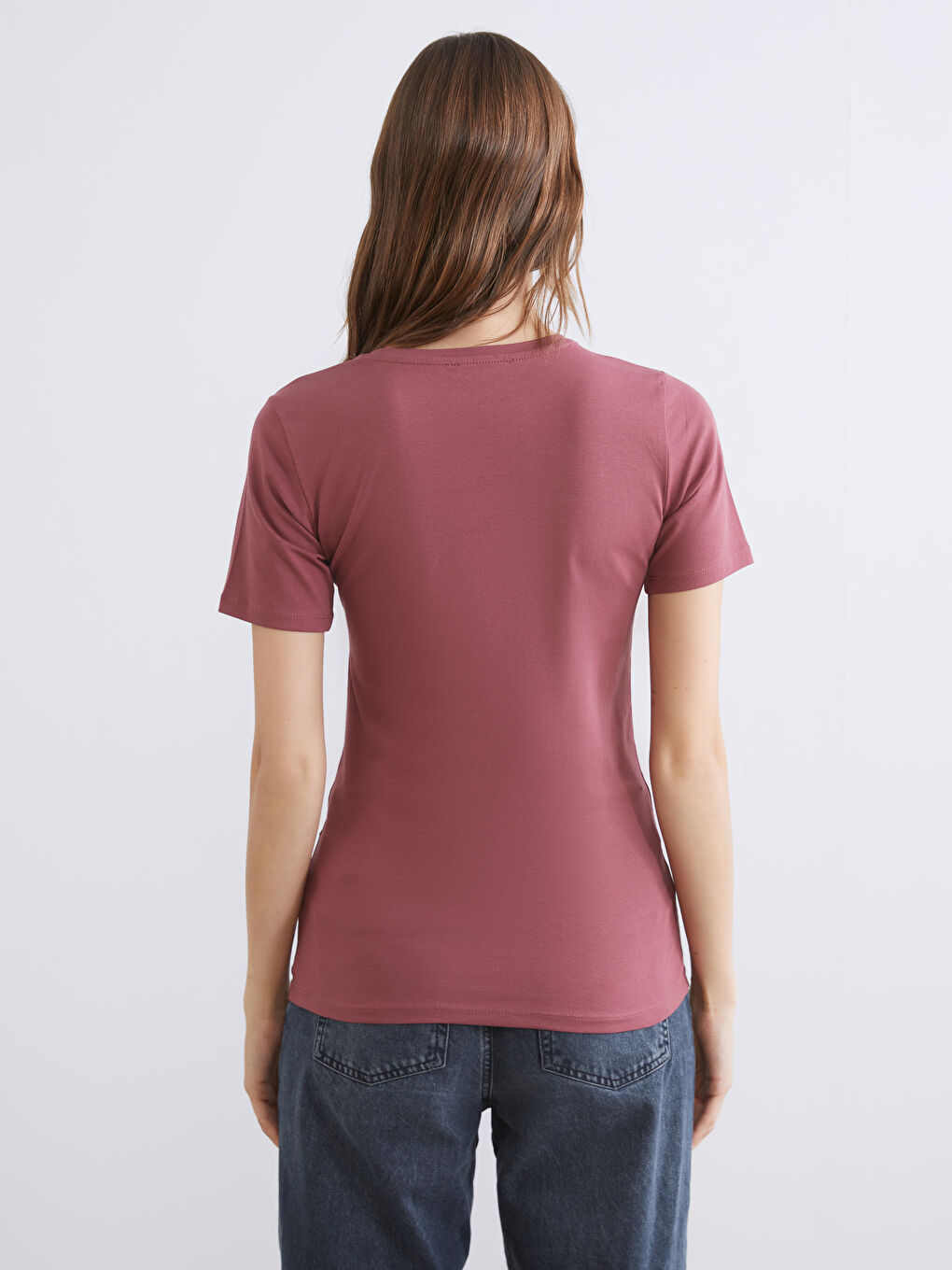 Pembe Bisiklet Yaka Kadın Tişört-3