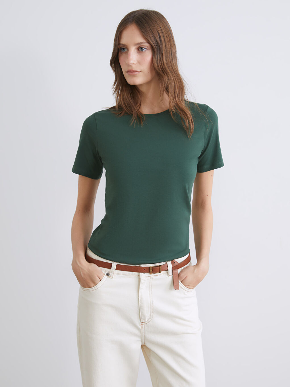 Yeşil Bisiklet Yaka Kadın Tişört