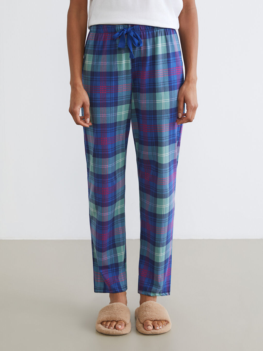 Lacivert Beli Lastikli Ekose Kadın Pijama Altı-1