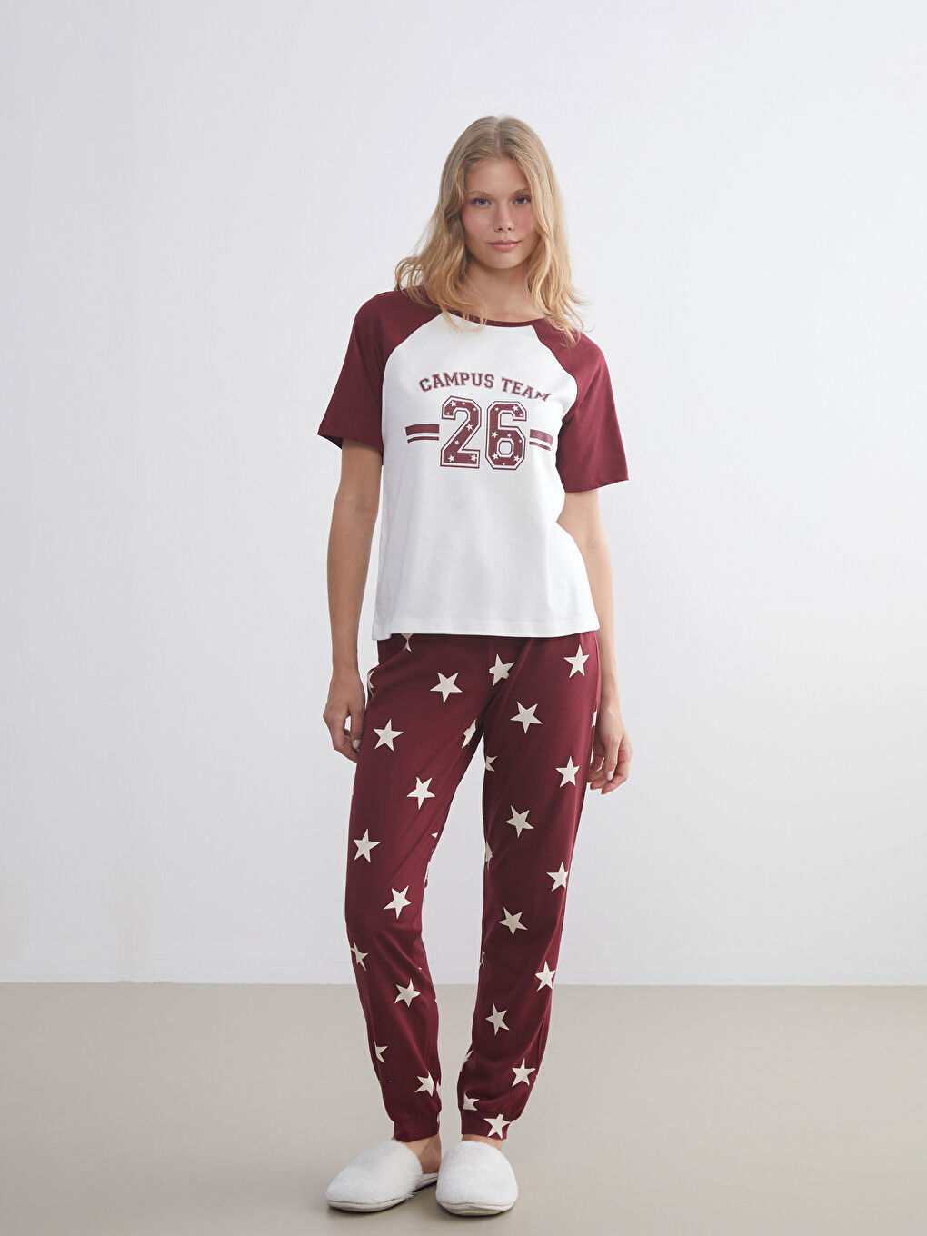 Bordo Beli Lastikli Baskılı Kadın Jogger Pijama Altı