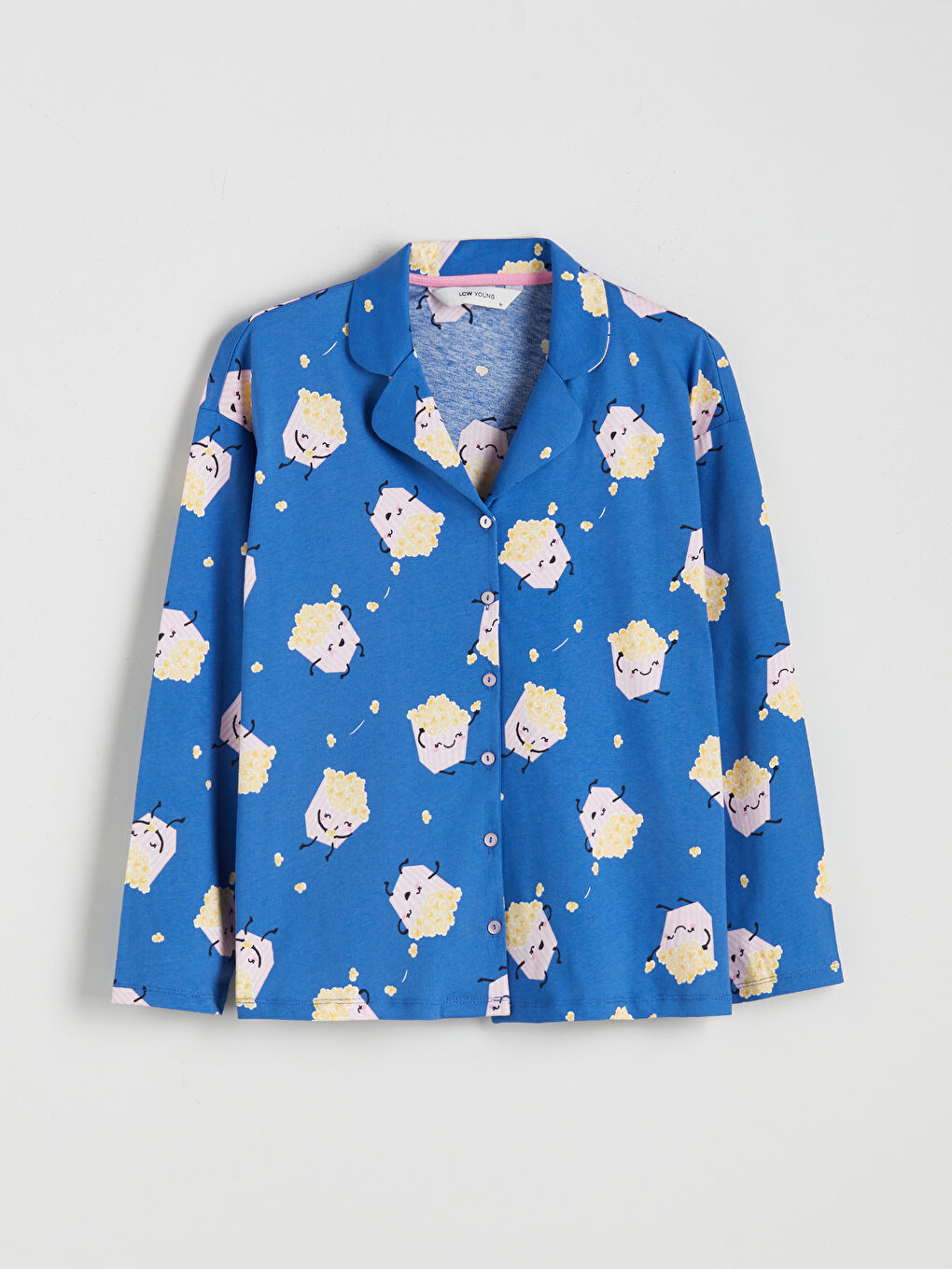 Mavi Gömlek Yaka Desenli Kadın Pijama Üstü