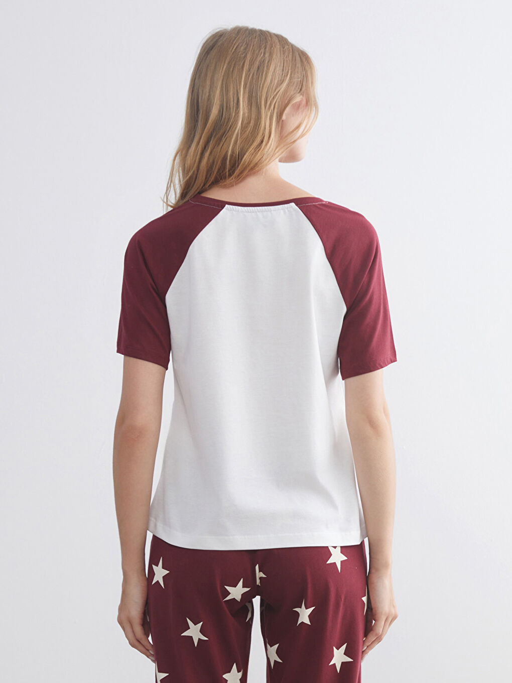 Ekru Bisiklet Yaka Baskılı Kadın Pijama Üstü-1