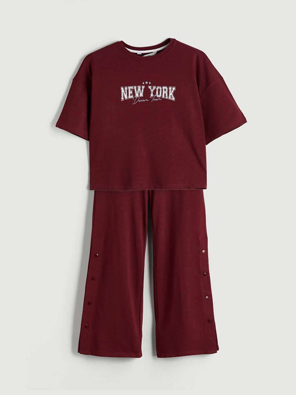 Bordo Bisiklet Yaka New York Baskılı Kadın Pijama Takımı-4