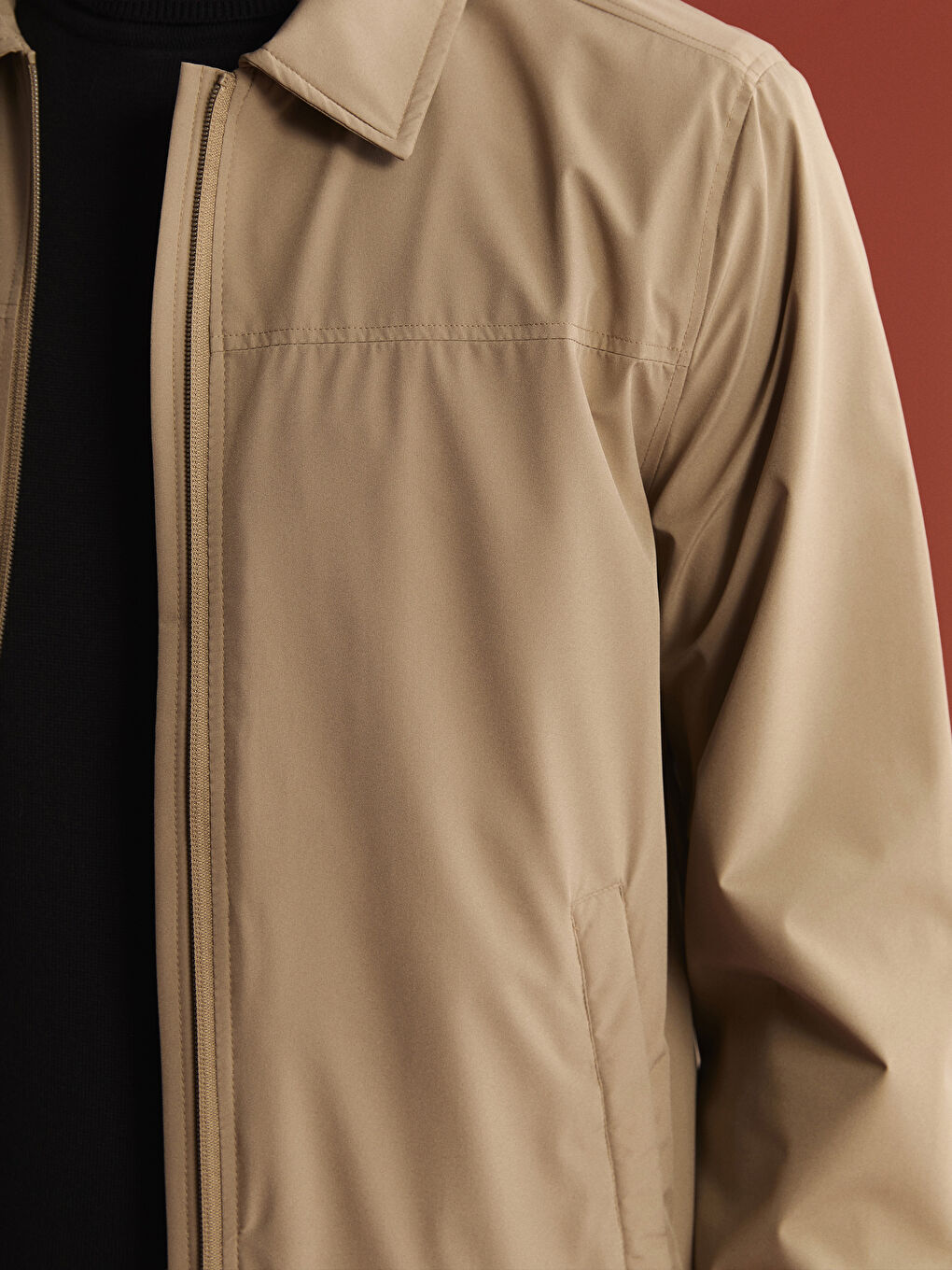 Bej Standart Kalıp Gömlek Yaka Erkek Mont-2