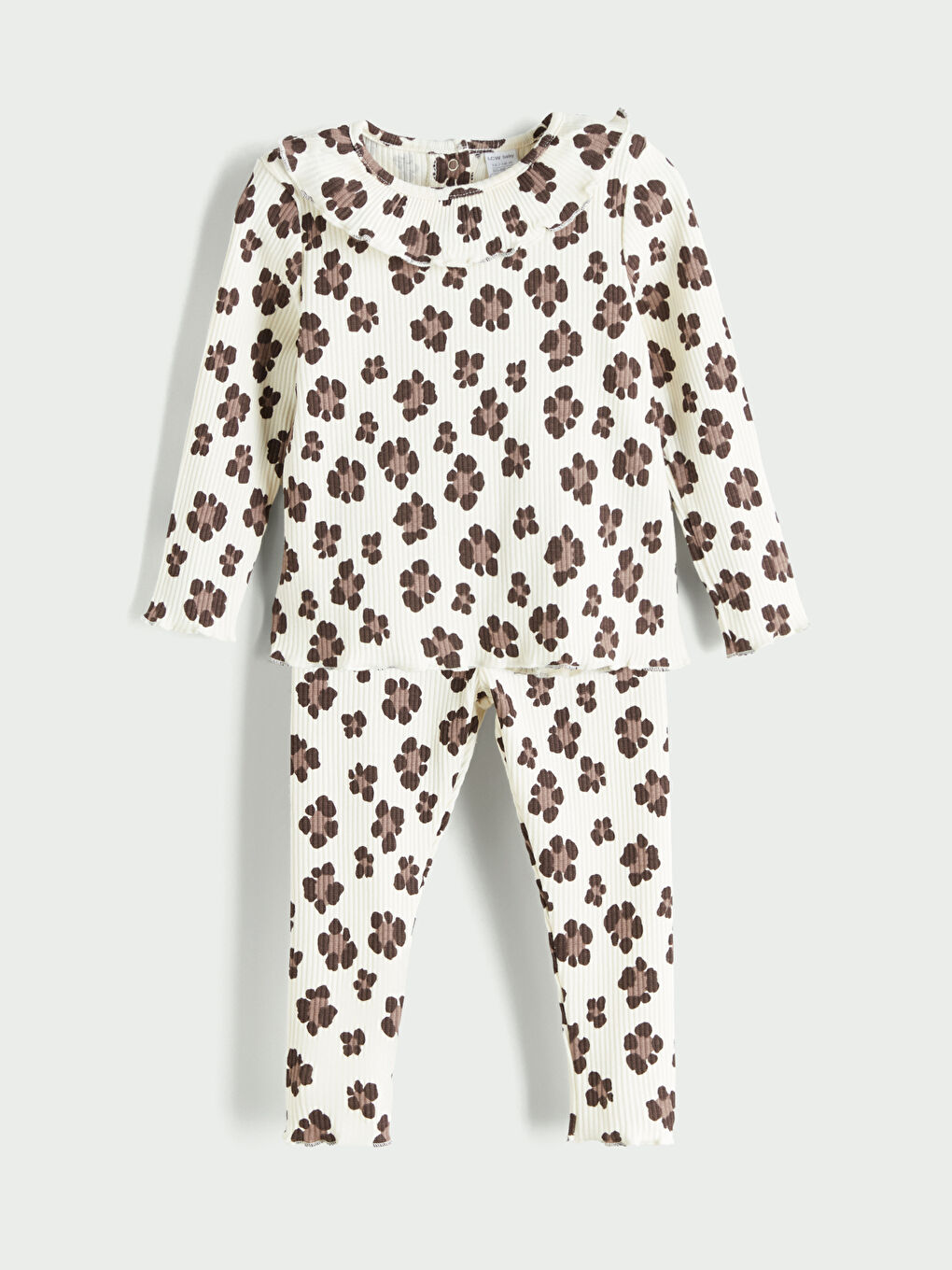 Ekru Bisiklet Yaka Çiçekli Kız Bebek Tişört ve Tayt 2'li Takım