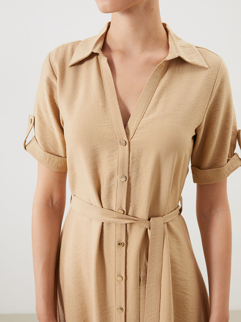 LCW Comfort Belted Shirt Dress -W53873Z8-KNF