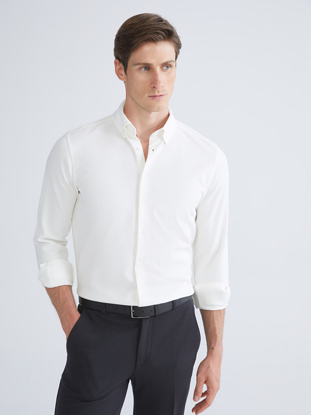 Ekru Slim Fit Uzun Kollu Erkek Gömlek