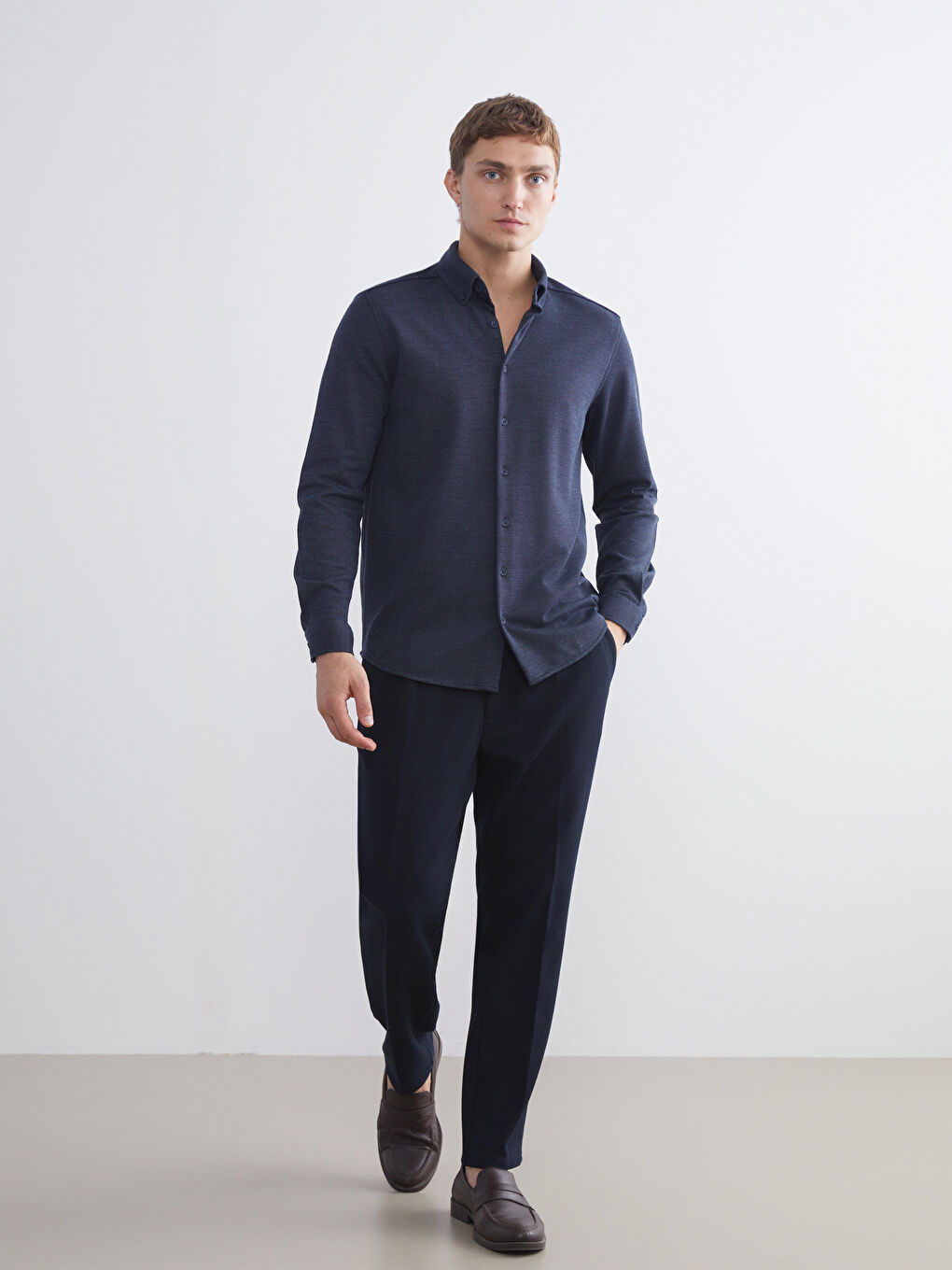 Lacivert Slim Fit Uzun Kollu Erkek Gömlek-1