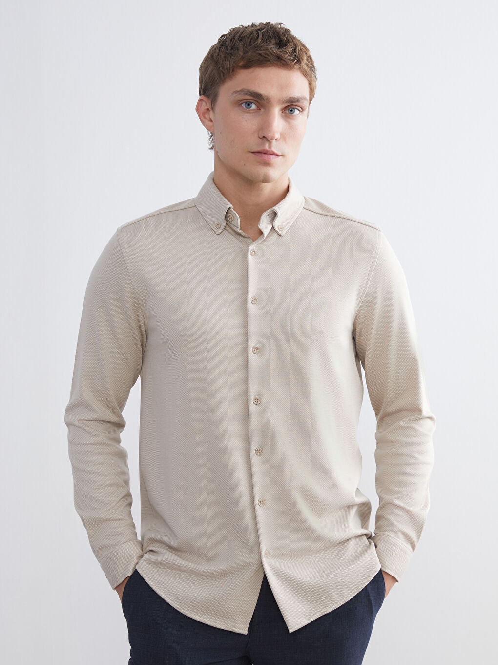 Bej Slim Fit Uzun Kollu Erkek Gömlek