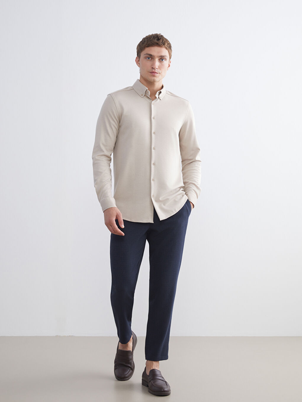 Bej Slim Fit Uzun Kollu Erkek Gömlek-1