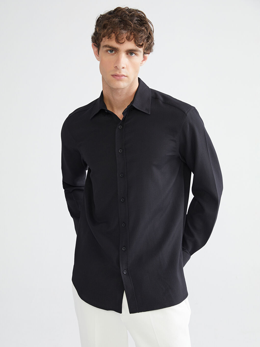 Regular Fit Long Sleeve Dobby Fabric Men's Shirt