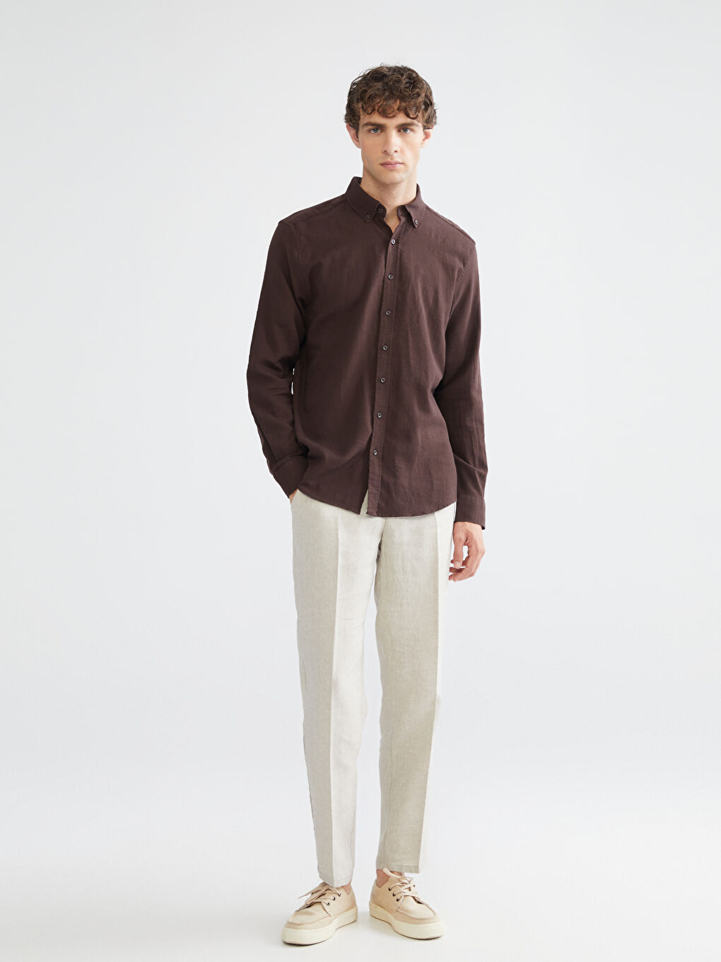 Kahverengi Regular Fit Uzun Kollu Poplin Erkek Gömlek-2