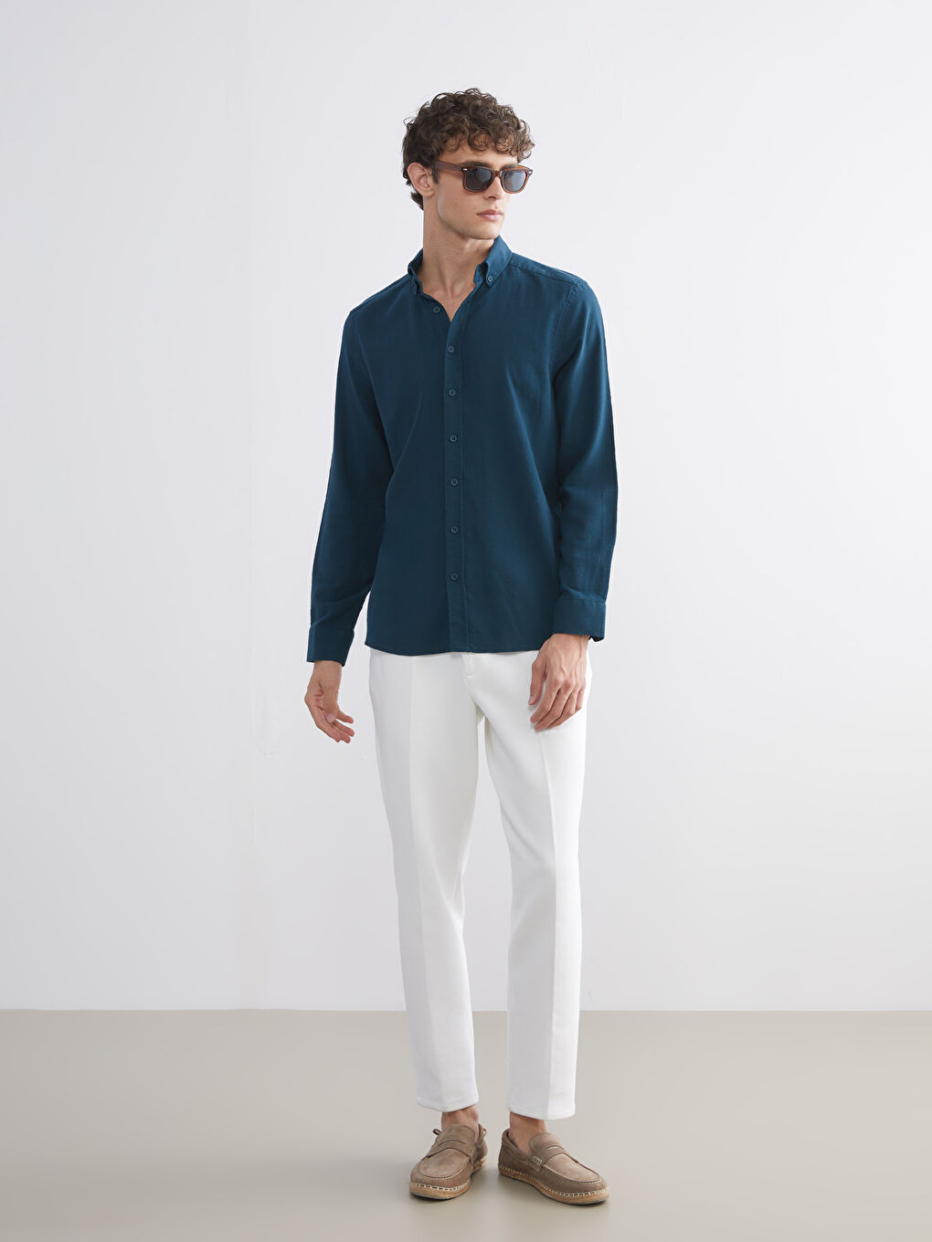 Petrol Regular Fit Uzun Kollu Poplin Erkek Gömlek-1