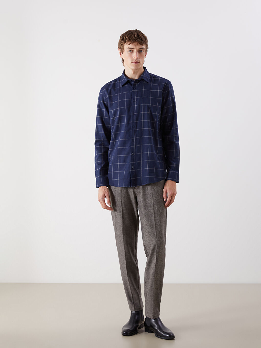 Slim Fit Long Sleeve Plaid Twill Men's Shirt-1