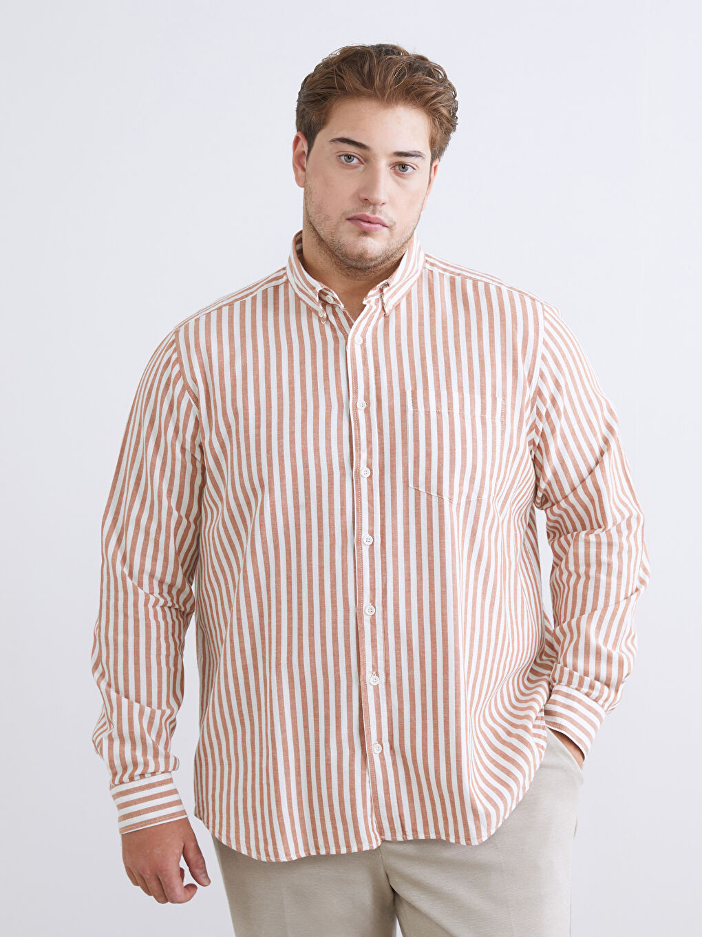 Kırmızı Regular Fit Uzun Kollu Çizgili Erkek Gömlek-1