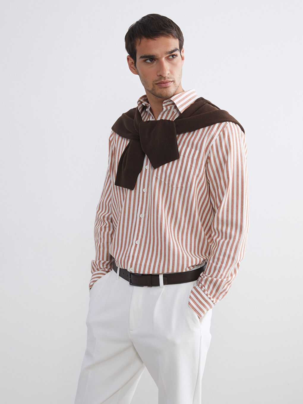 Kırmızı Regular Fit Uzun Kollu Çizgili Erkek Gömlek