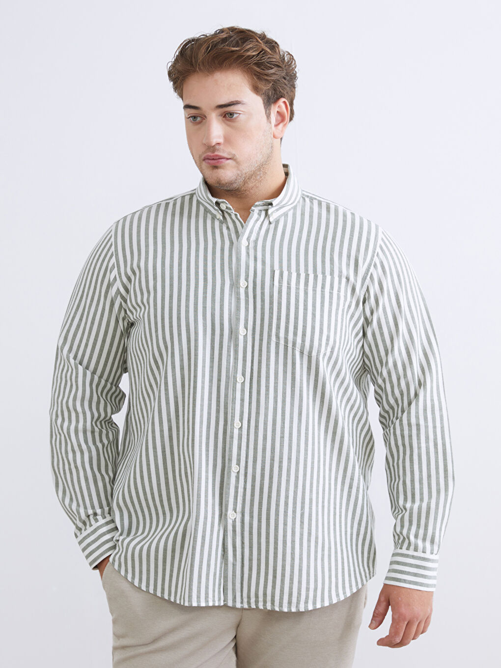 Yeşil Regular Fit Uzun Kollu Çizgili Erkek Gömlek-1