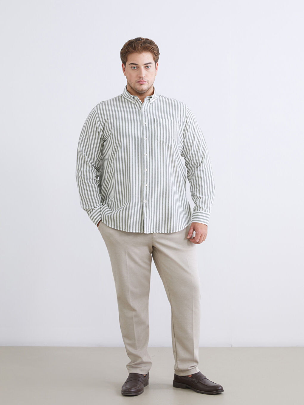 Yeşil Regular Fit Uzun Kollu Çizgili Erkek Gömlek-5