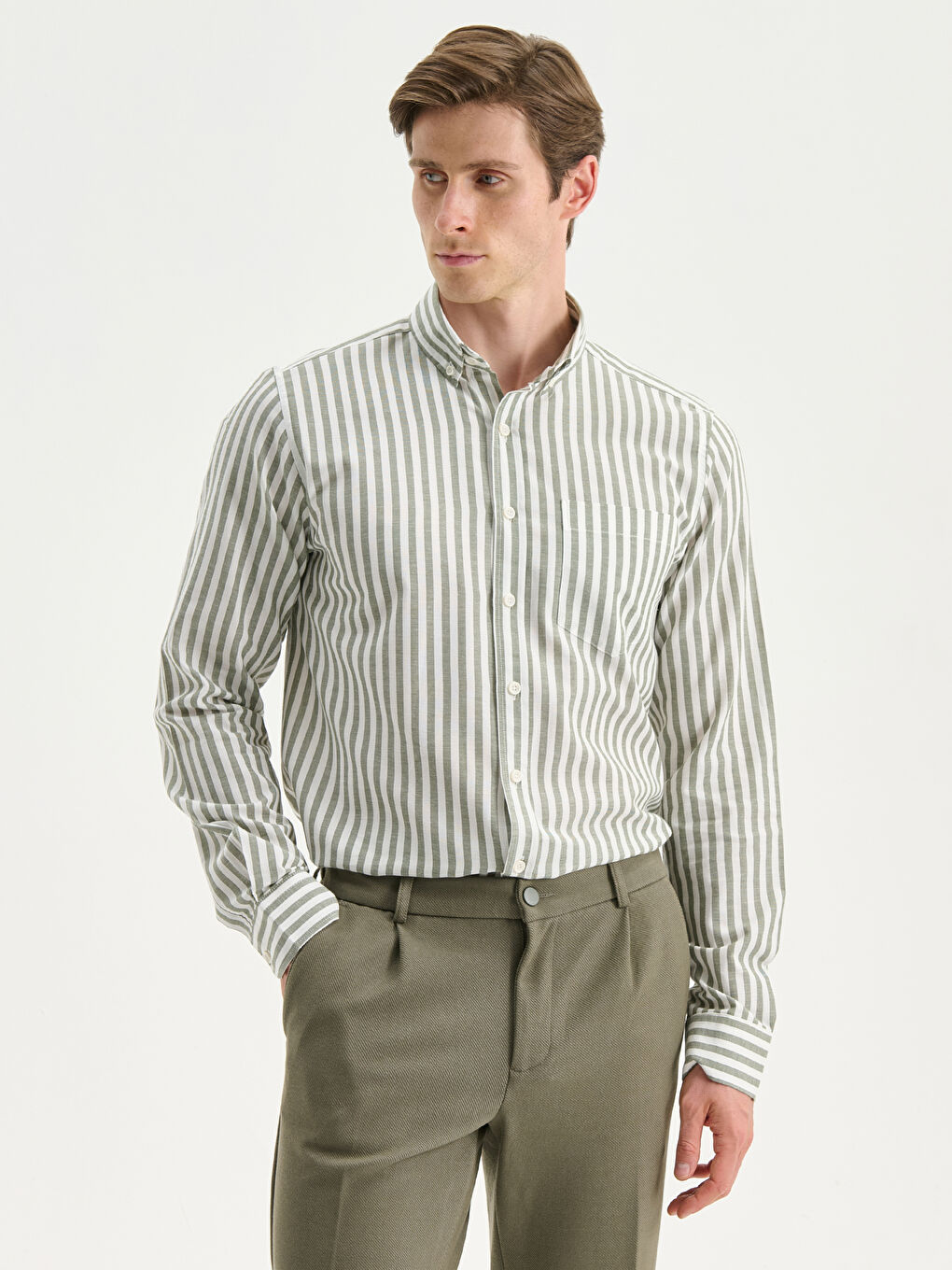 Yeşil Regular Fit Uzun Kollu Çizgili Erkek Gömlek