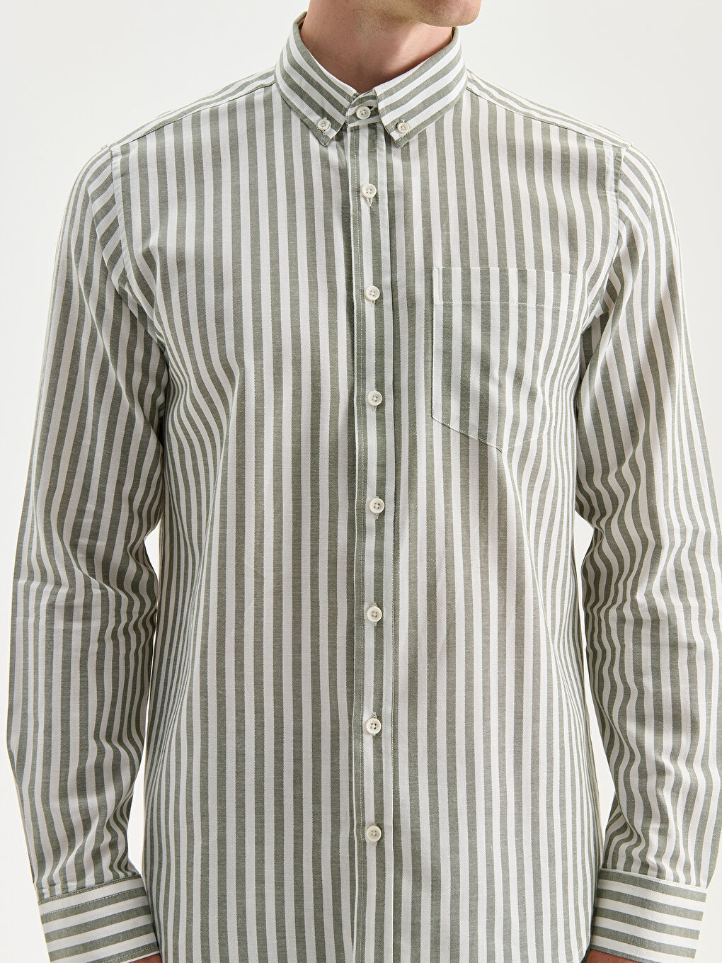 Yeşil Regular Fit Uzun Kollu Çizgili Erkek Gömlek-3