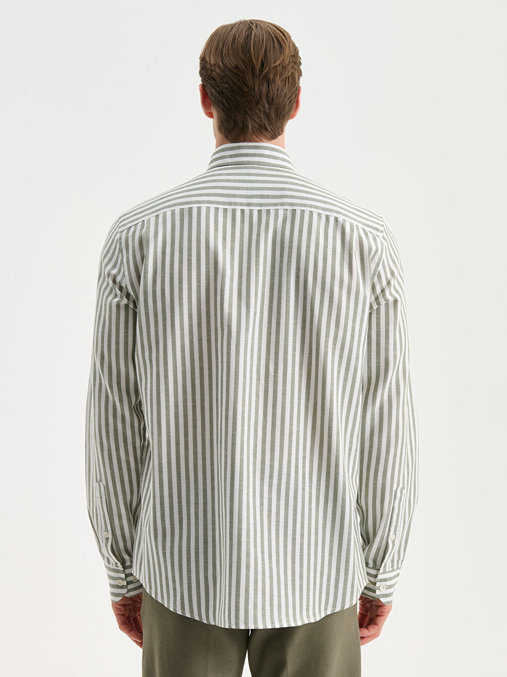 Yeşil Regular Fit Uzun Kollu Çizgili Erkek Gömlek-4