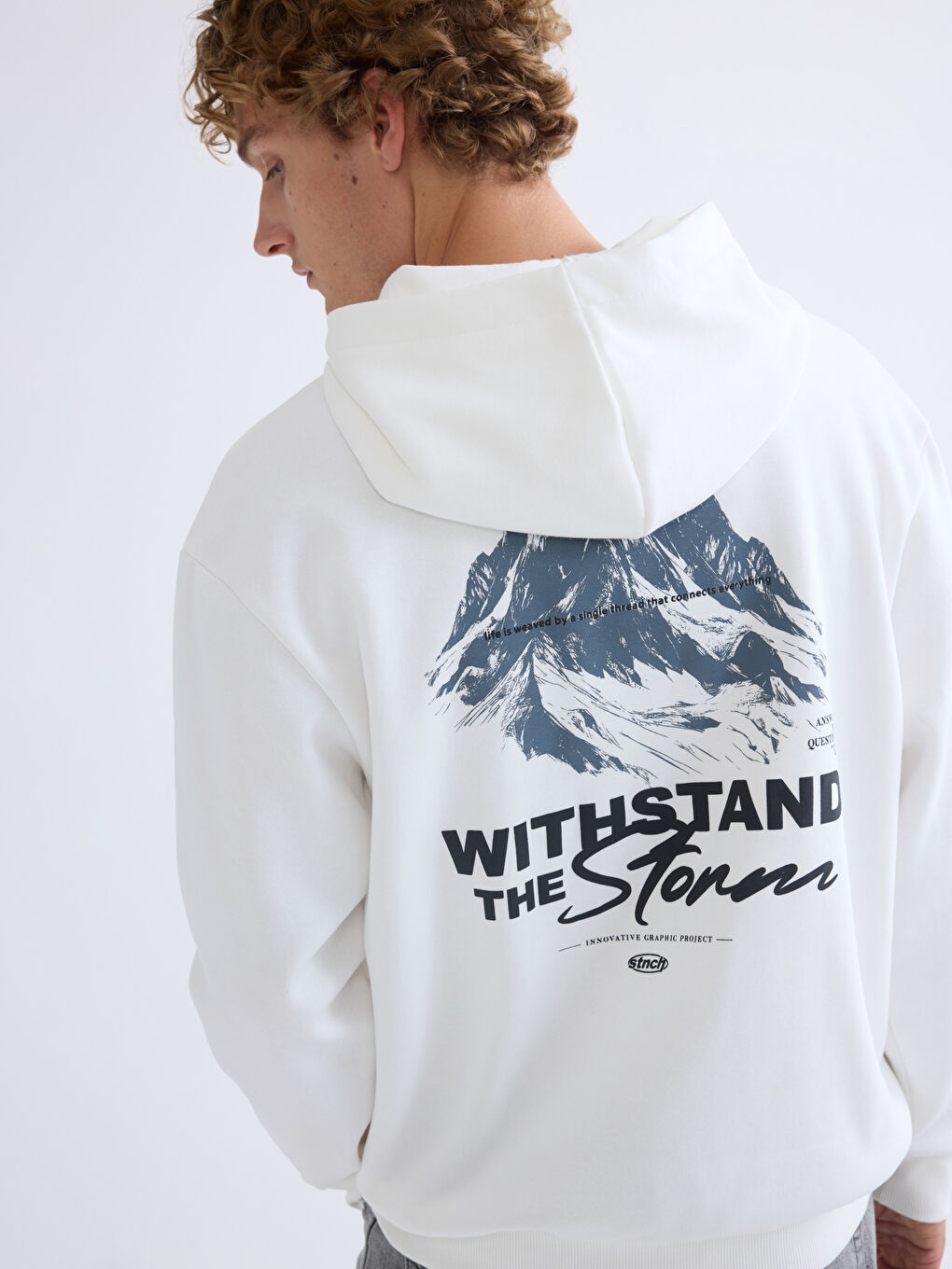 Ekru Uzun Kollu Baskılı Erkek Hoodie-2