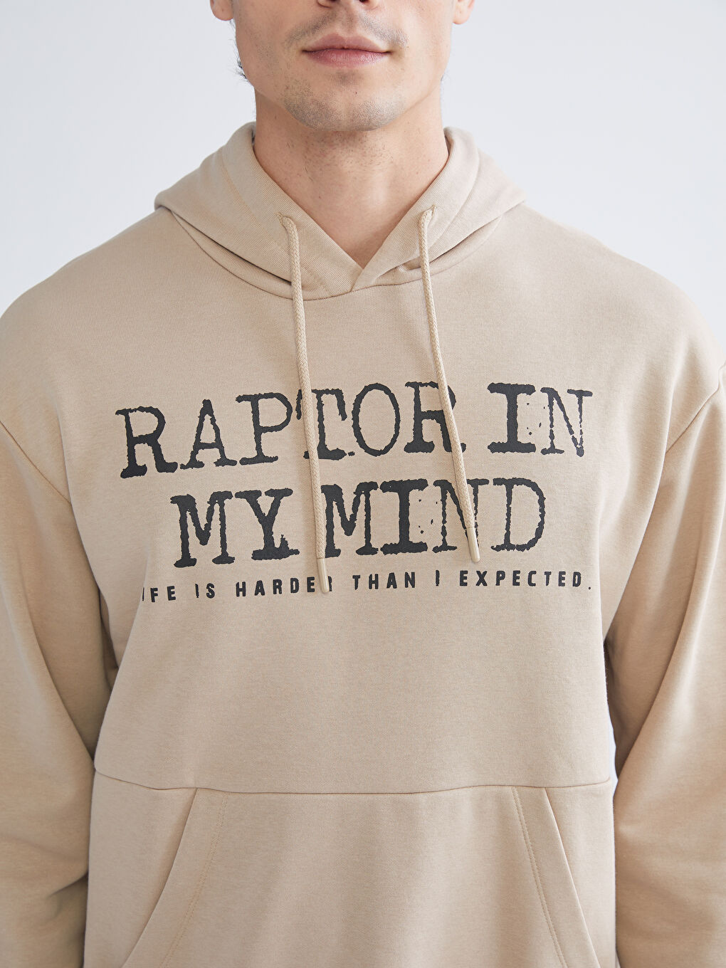 Bej Uzun Kollu Baskılı Erkek Hoodie-2