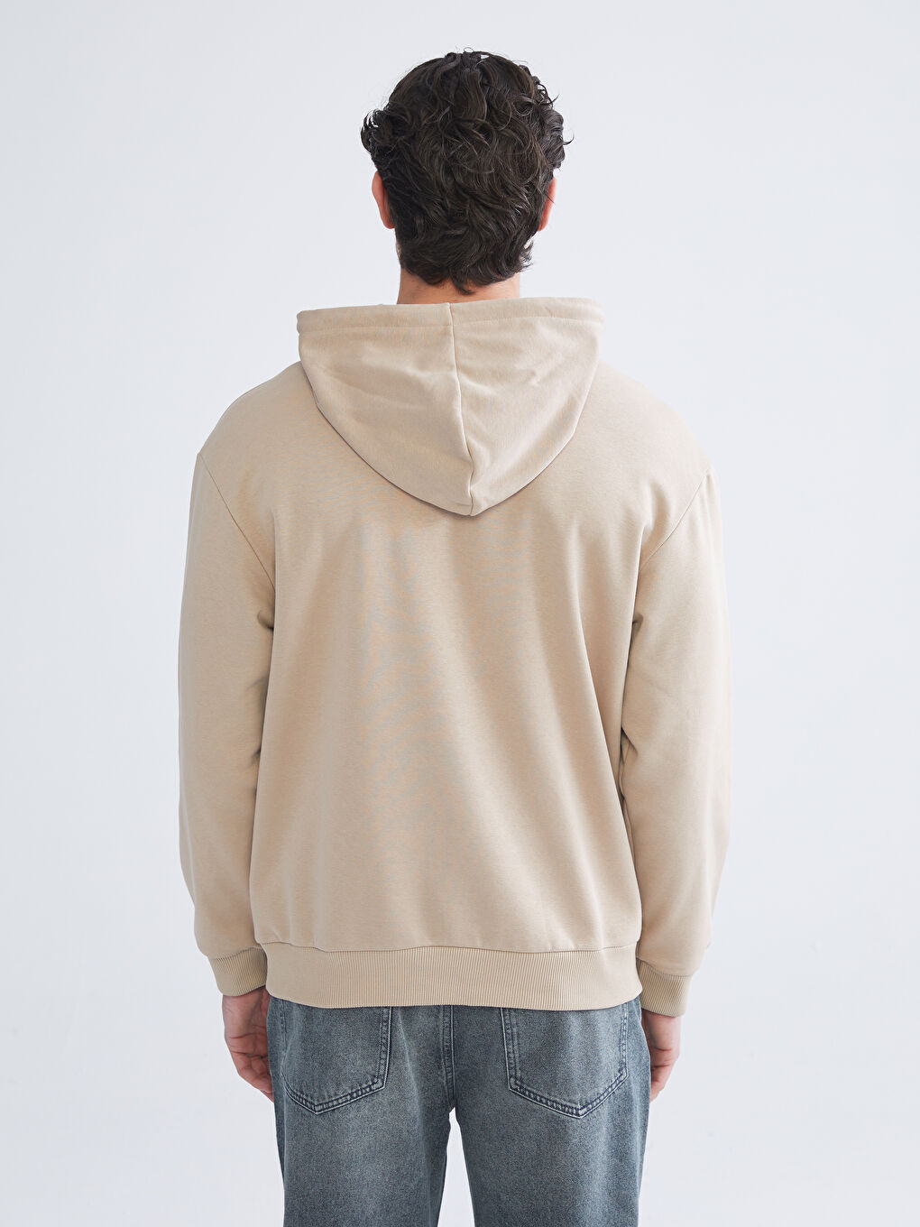 Bej Uzun Kollu Baskılı Erkek Hoodie-3