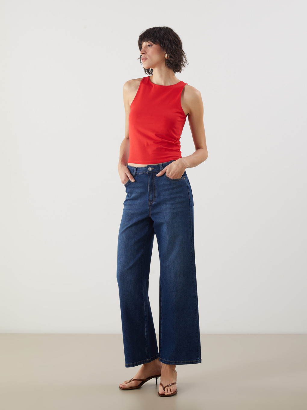 Jeans à Jambe Large Pour Femmes - Tissu élastique Confortable, Coupe Ample, Taille Haute, Poches Latérales