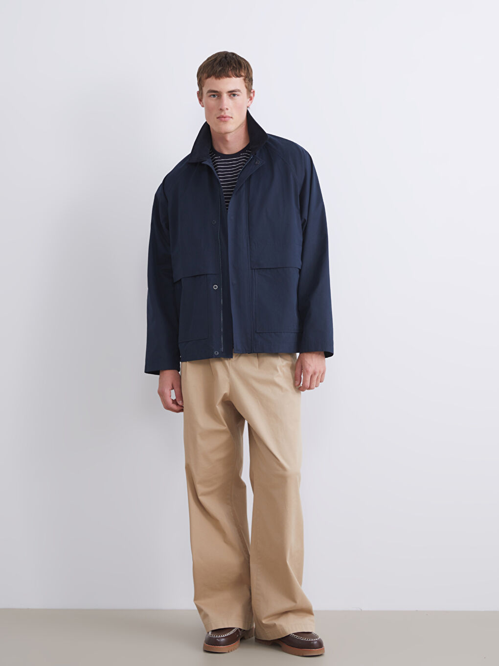 Lacivert Fitilli Kadife Yakalı Erkek İnce Mont-1