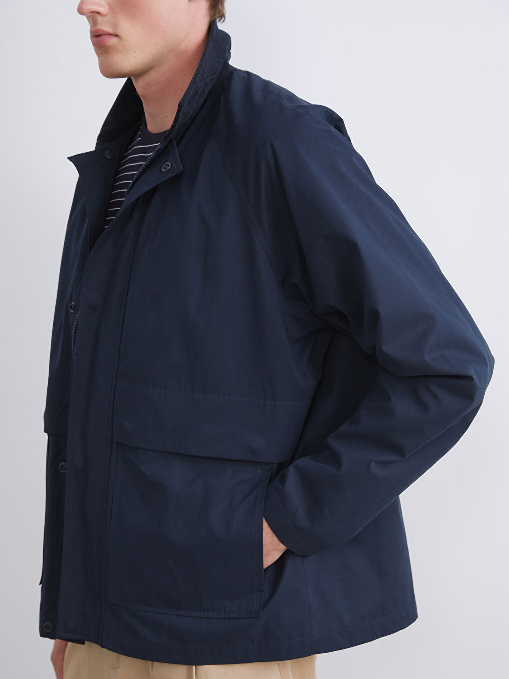 Lacivert Fitilli Kadife Yakalı Erkek İnce Mont-3