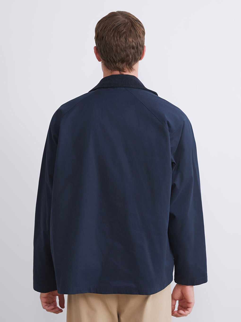 Lacivert Fitilli Kadife Yakalı Erkek İnce Mont-4