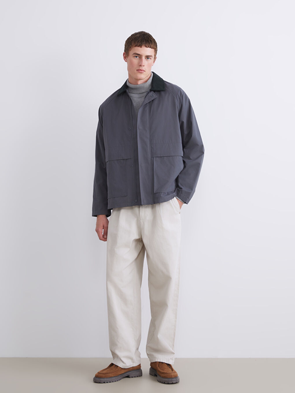 Antrasit Fitilli Kadife Yakalı Erkek İnce Mont-1