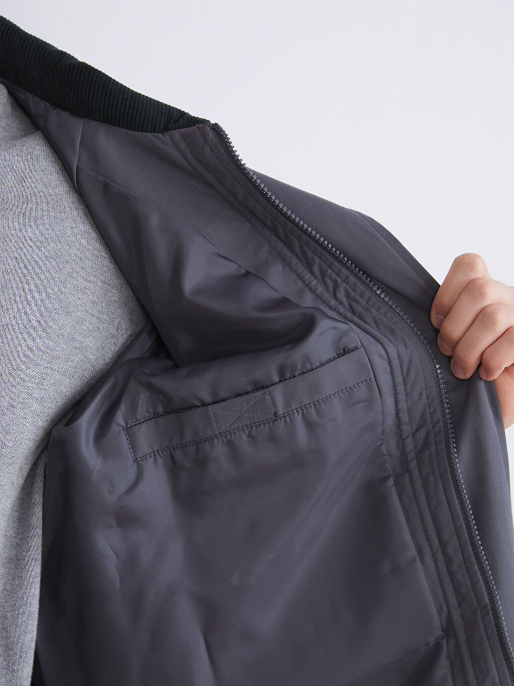 Antrasit Fitilli Kadife Yakalı Erkek İnce Mont-3