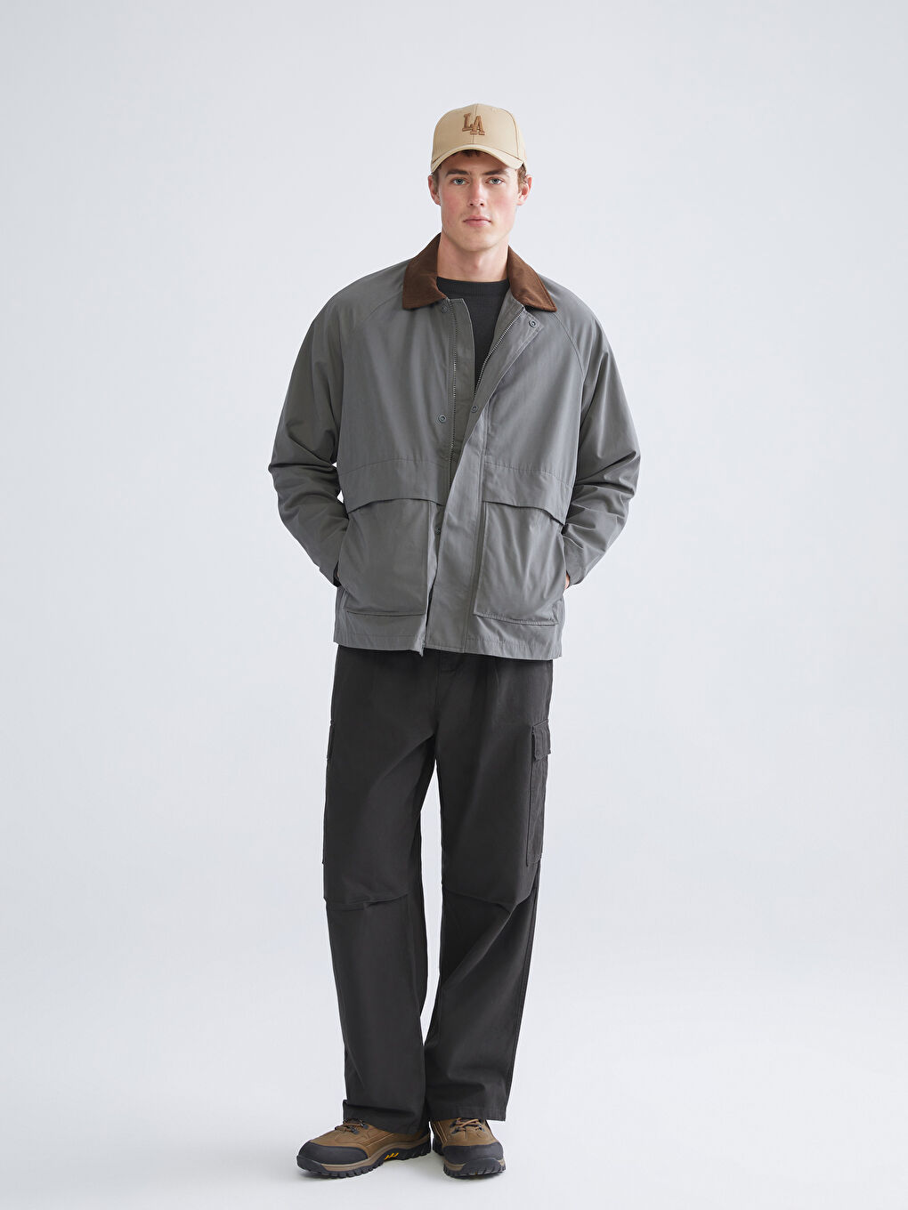 Haki Fitilli Kadife Yakalı Erkek İnce Mont-3