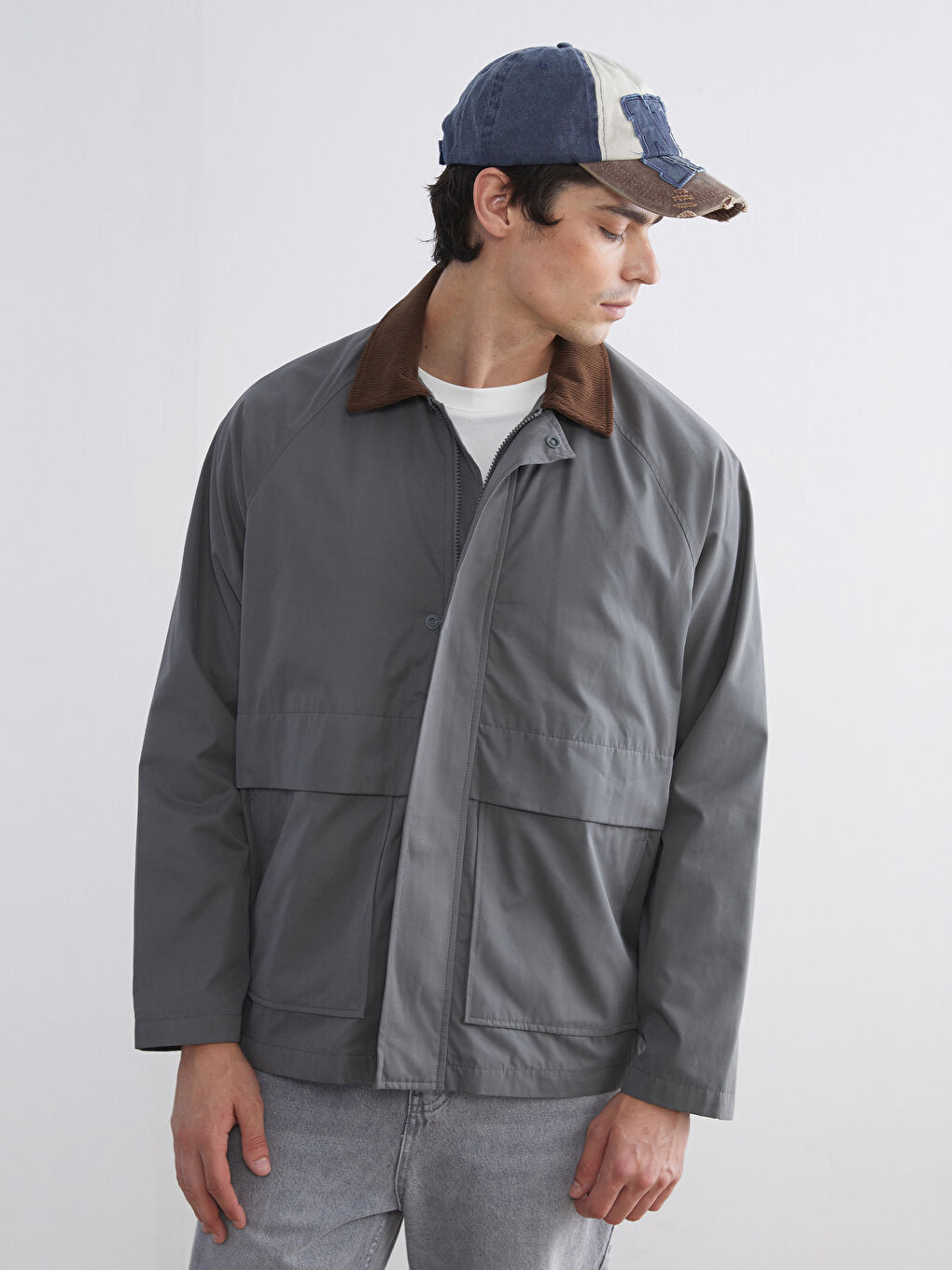 Haki Fitilli Kadife Yakalı Erkek İnce Mont-1