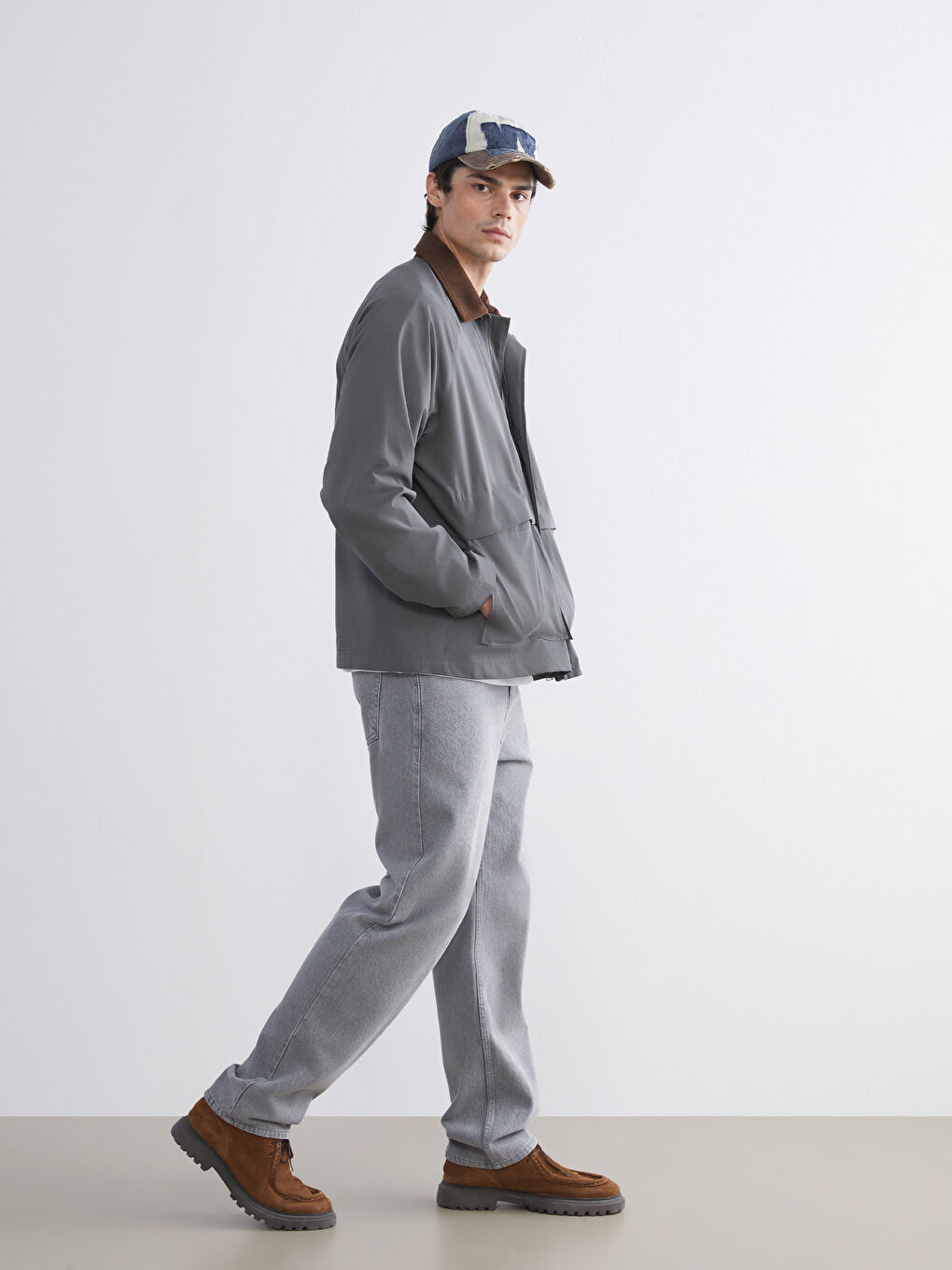 Haki Fitilli Kadife Yakalı Erkek İnce Mont-2