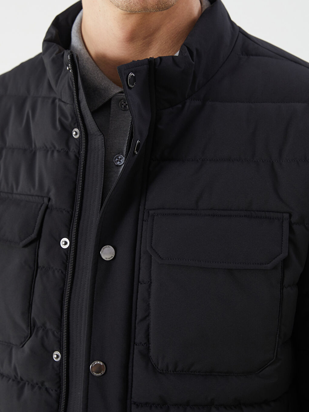 Siyah Standart Kalıp Dik Yaka Erkek Şişme Mont-2