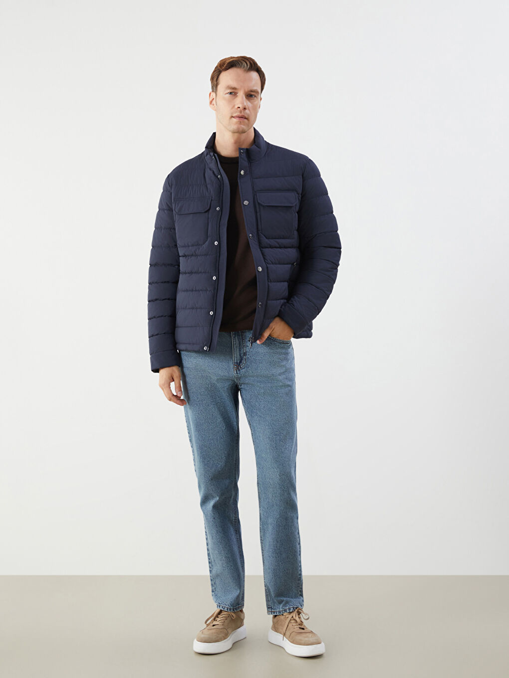 Lacivert Standart Kalıp Dik Yaka Erkek Şişme Mont-1