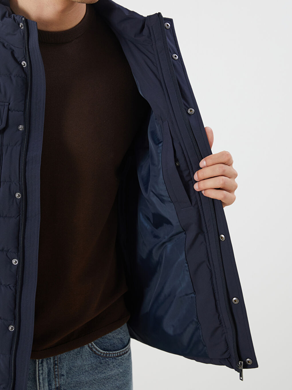 Lacivert Standart Kalıp Dik Yaka Erkek Şişme Mont-3