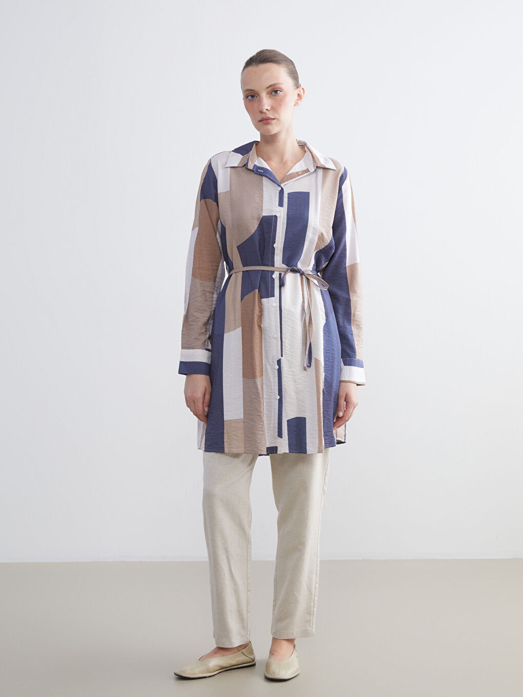 LCWAIKIKI Classic Patterned Women's Shirt Tunic with Sash -W54164Z8-LSJ
