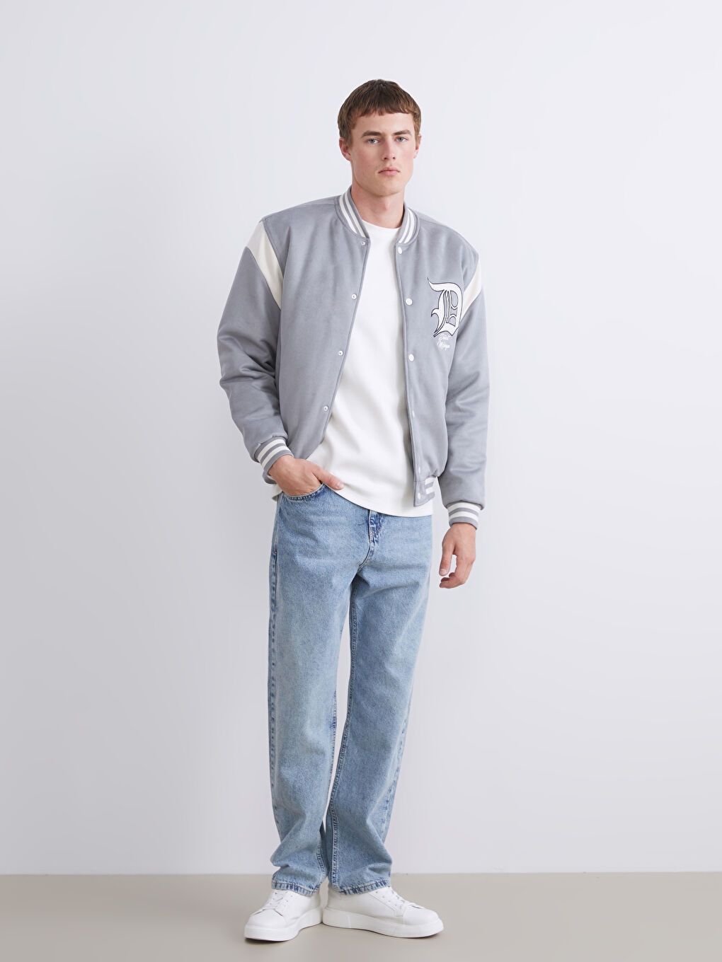 Gri Standart Kalıp Uzun Kollu Süet Erkek Kolej Ceket-1