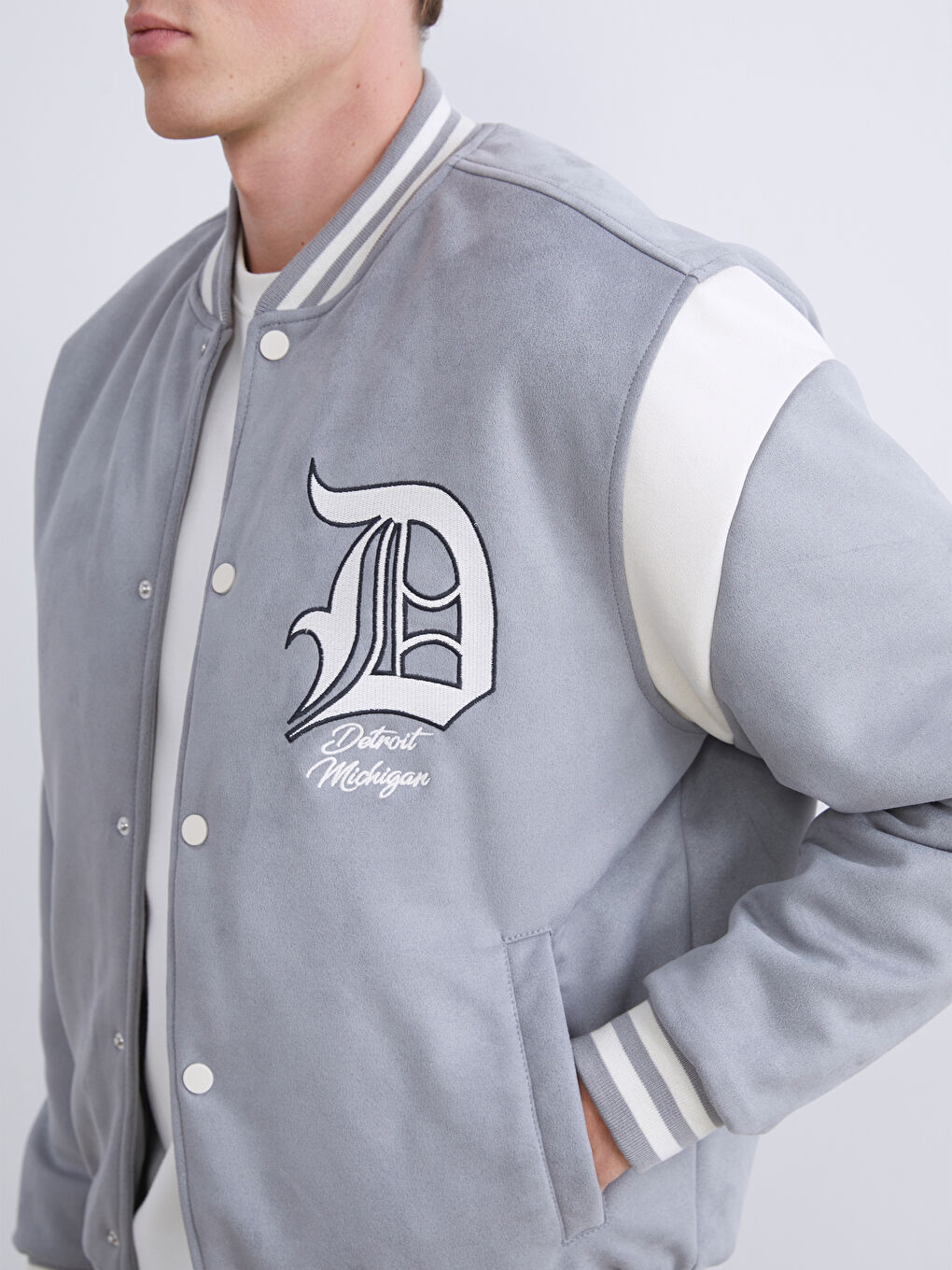 Gri Standart Kalıp Uzun Kollu Süet Erkek Kolej Ceket-3