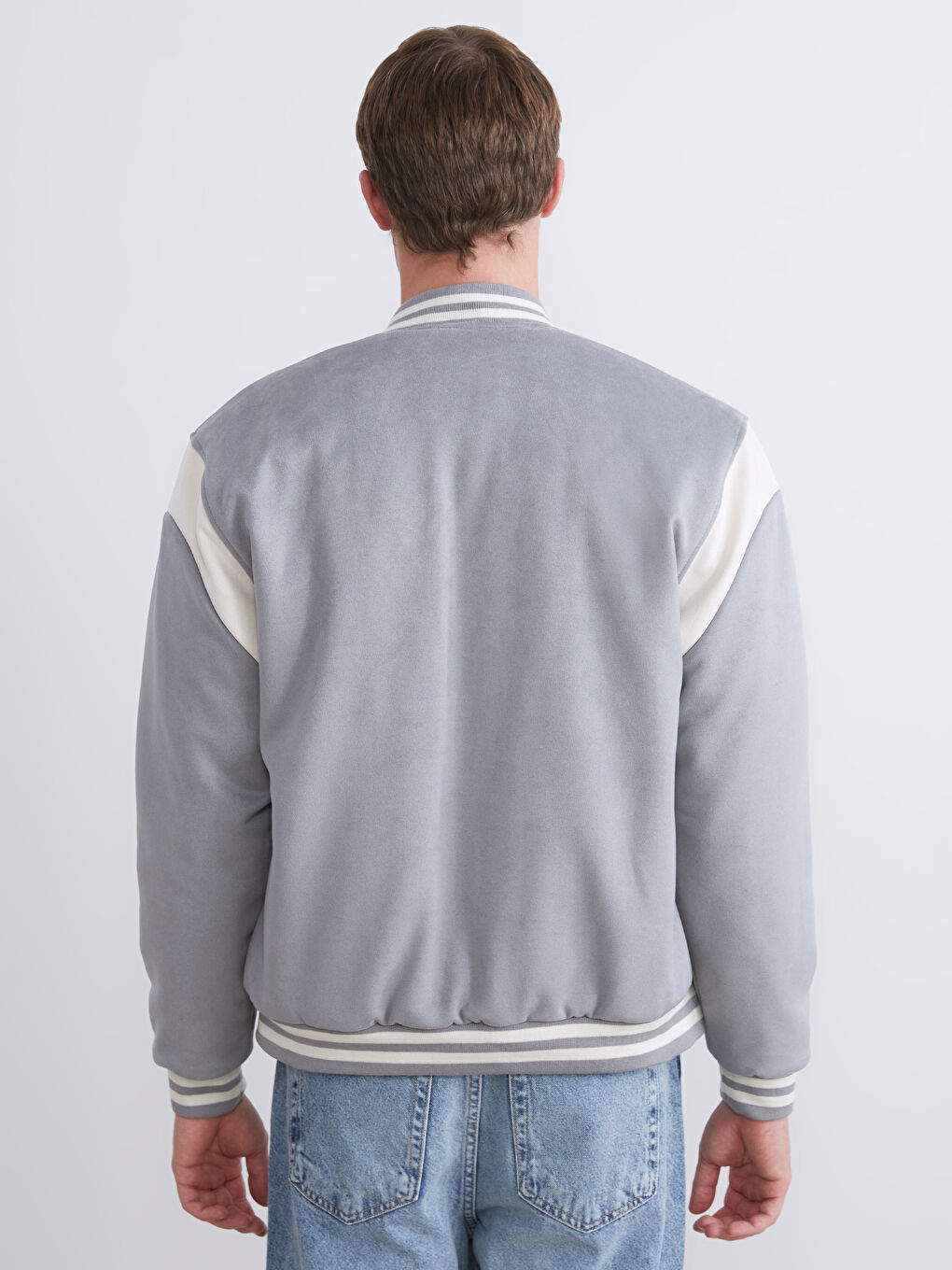 Gri Standart Kalıp Uzun Kollu Süet Erkek Kolej Ceket-4
